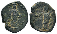 Manuel I AE 22mm tetarteron, 1143-1189 AD. MP-ΘV, Mary, nimbate, standing right, hands raised towards hand of God at upper right / MANOVHΛ ΔECΠOTHC or...