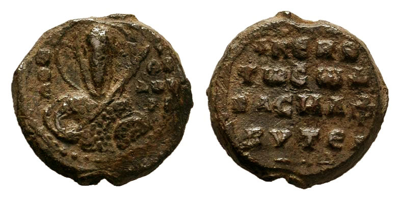 Lead seal of Basileios presbyteros (11th cent.),
Diam.: mm Weight: 6.49 gr. Cond...