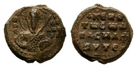 Lead seal of Basileios presbyteros (11th cent.),
Diam.: mm Weight: 6.49 gr. Condition: VF. Natural dark patina.

Obverse: The bust of Saint Theodoros ...