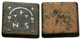 Byzantine Æ Six Nomismata Coin Weight. Circa 4th century AD. Silver inlaid design of N S, 3 crosses around; all within square . RARE!

Condition: Very...