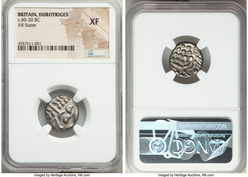 BRITAIN. Durotriges. Ca. 60-20 BC. AR stater (18mm, 5h). NGC XF. Devolved head o...