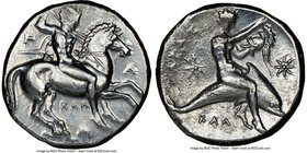 CALABRIA. Tarentum. Ca. 332-302 BC. AR stater or didrachm (21mm, 2h). NGC Choice VF. Cal-, Hal- and Cal-, magistrates. Nude warrior on horse rearing r...