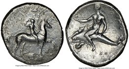 CALABRIA. Tarentum. Ca. 302-281 BC. AR nomos or didrachm (23mm, 1h). NGC Choice Fine. Sa- and Con-, magistrates. Crowning youth on horseback trotting ...