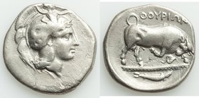 LUCANIA. Thurium. Ca. 400-350 BC. AR stater (23mm, 7.55 gm, 10h). Choice Fine. Head of Athena right, wearing crested Attic helmet decorated with Scyll...