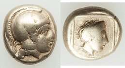 LESBOS. Mytilene. Ca. 412-378 BC. EL sixth-stater or hecte (10mm, 2.43 gm, 3h). Fine. Head of Athena right wearing crested Attic helmet/ Head of Artem...