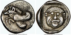 IONIA. Clazomenae. Ca. 480-400 BC. AR obol (9mm, 9h). NGC XF. Forepart of winged boar left / Facing head of gorgoneion, tongue protruding, all within ...