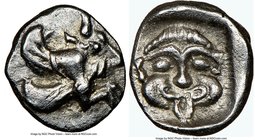 CARIA. Uncertain mint. Ca. 480-430 BC. AR quarter-stater or diobol (11mm, 1h). NGC XF. Forepart of winged bull right / Facing head of gorgoneion with ...