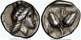 CARIAN ISLANDS. Rhodes. Ca. 340-316 BC. AR diobol (10mm, 12h). NGC Choice VF. Radiate head of Helios right / P-O, two rose buds; Φ above, all within i...