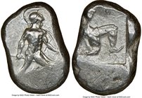 PAMPHYLIA. Aspendus. Ca. mid-5th century BC. AR stater (22mm). NGC Choice VF. Ca. 465-430 BC. Helmeted nude hoplite advancing right, spear forward in ...
