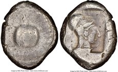 PAMPHYLIA. Side. Ca. 5th century BC. AR stater (22mm, 10.79 gm, 12h). NGC VF 4/5 - 4/5. Ca. 430-400 BC. Pomegranate; guilloche beaded border / Head of...