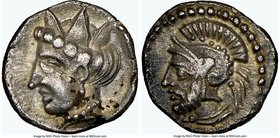 CILICIA. Uncertain mint. Ca. 4th century BC. AR obol (9mm, 6h). NGC Choice XF. Possibly Tarsus. Bearded head left, wearing crested helmet, drapery aro...