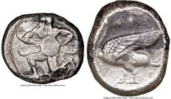 CILICIA. Mallus. Ca. 440-385 BC. AR stater (21mm, 9h). NGC VF. Bearded male, winged, in kneeling/running stance left, holding solar disk with both han...