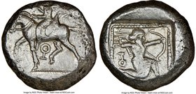 CILICIA. Tarsus. Ca. late 5th century BC. AR stater (20mm, 5h). NGC VF. Satrap on horseback riding left, reins in left hand; ankh below / Archer in kn...