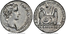 Augustus (27 BC-AD 14). AR denarius (19mm, 3.79 gm, 10h). NGC AU 4/5 - 5/5. Lugdunum, 2 BC-AD 4. CAESAR AVGVSTVS-DIVI F PATER PATRIAE, laureate head o...