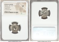 Tiberius (AD 14-37). AR denarius (19mm, 8h). NGC VF. Lugdunum. TI CAESAR DIVI-AVG F AVGVSTVS, laureate head of Tiberius right / PONTIF-MAXIM, Livia (a...