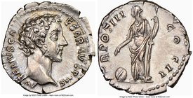 Marcus Aurelius, as Caesar (AD 161-180). AR denarius (18mm, 3.32 gm, 5h). NGC Choice AU 5/5 - 4/5. Rome, AD 148-149. AVRELIVS CA-ESAR AVG PII F, bare ...
