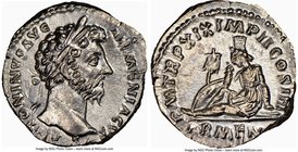 Marcus Aurelius (AD 161-180). AR denarius (17mm, 3.25 gm, 6h). NGC MS 5/5 - 4/5. Rome, AD 164-165. ANTONINVS AVG-ARMENIACVS, laureate head of Marcus A...