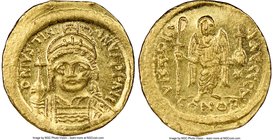 Justinian I the Great (AD 527-565). AV solidus (19mm, 4.45 gm, 6h). NGC MS 5/5 - 3/5, edge bend, clipped. Constantinople, 4th officina. D N IVSTINI-AN...