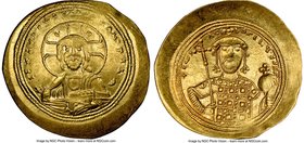 Constantine IX Monomachus (AD 1042-1055). AV histamenon nomisma (27mm, 6h). NGC Choice AU. Constantinople. +IhS XIS RЄX RЄΣNANTInm, bust of Christ fac...