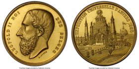 Leopold II gilt-copper Specimen "Antwerp World's Fair" Medal 1885 SP64 PCGS, 50mm. By A. Fisch. A scarce World's Fair medal for which we have been una...