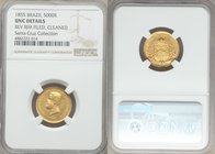 Pedro II gold 5000 Reis 1855 UNC Details (Reverse Rim Filed, Cleaned) NGC, Rio de Janeiro mint, KM470. Ex. Santa Cruz Collection

HID09801242017