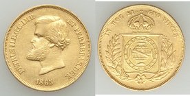 Pedro II gold 10000 Reis 1865 XF (cleaned), KM467. 22.7mm. 8.93gm. AGW 0.2643 oz.

HID09801242017