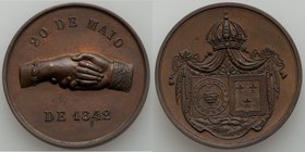 Pedro II copper "Wedding" Medal 1842 UNC, Meili-21. 37.9mm. 27.93gm. 20 DE MAIO DE 1842 clasped hands of Pedro II and Princess Teresa Christina. / Coa...