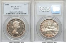 Elizabeth II Dollar 1955 MS66 PCGS, Royal Canadian mint, KM54. Splendidly toned and nearly prooflike in the fields. 

HID09801242017