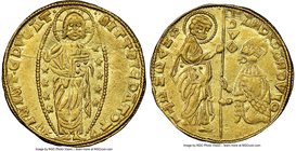 Chios. Anonymous gold Imitative Zecchino (Ducat) ND 1343-1354) AU55 NGC, Fr-2. 21mm. 3.46gm. In the name of Andrea Dandolo but local imitation. Softly...
