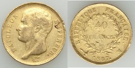 Napoleon gold 40 Francs 1807-M VF, Toulouse mint, KM-A688.3. Mintage: 4,994. 26mm. 12.87gm. Flan defect at 2:00, scratch. AGW 0.3734 oz.

HID098012420...