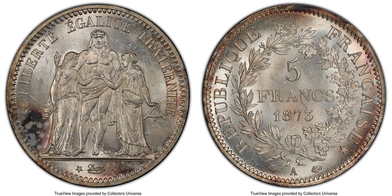 Republic 5 Francs 1873-A MS64 PCGS, Paris mint, KM820.1. Light peripheral golden...