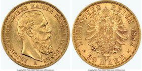 Prussia. Friedrich III gold 20 Mark 1888-A MS62 NGC, Berlin mint, KM515. AGW 0.2305 oz. 

HID09801242017