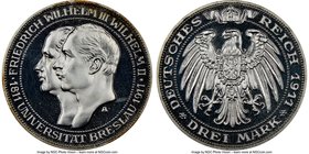 Prussia. Wilhelm II Proof 3 Mark 1911-A PR64 NGC, Berlin mint, KM531. Breslau University commemorative. Deep watery fields, minimal hairlines. 

HID09...