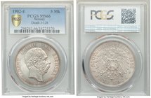 Saxony. Georg 5 Mark 1902-E MS66 PCGS, Muldenhutten mint, KM1256, J-128. Issued on Albert's death. A satiny and for all practical purposes flawless ex...