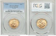 Elizabeth II gold Sovereign 1958 MS64 PCGS, KM908. AGW 0.2355 oz. 

HID09801242017