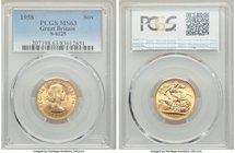 Elizabeth II gold Sovereign 1958 MS63 PCGS, KM908. AGW 0.2355 oz. 

HID09801242017