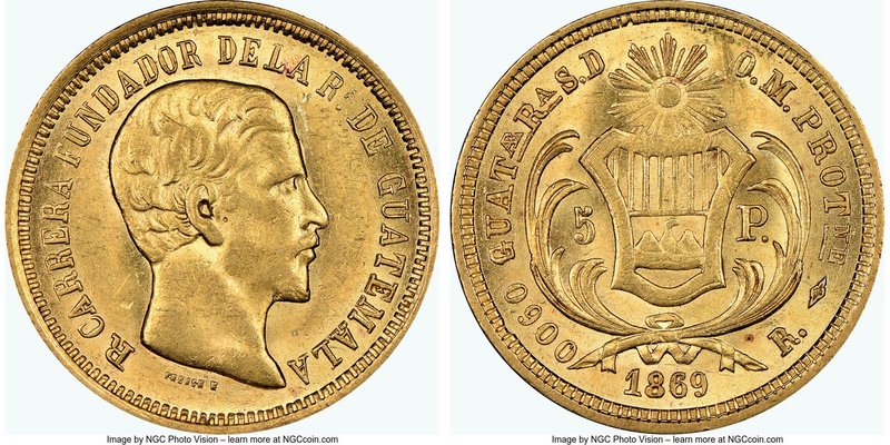 Republic gold 5 Pesos 1869-R AU58 NGC, KM191. Mintage: 49,000. One year type. AG...