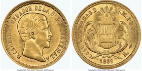 Republic gold 5 Pesos 1869-R AU58 NGC, KM191. Mintage: 49,000. One year type. AGW 0.2333 oz. 

HID09801242017