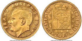 Franz Joseph II gold 20 Franken 1946-B MS66 NGC, Bern mint, KM-Y14. Mintage: 10,000. AGW 0.1867 oz. 

HID09801242017