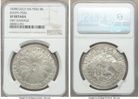 South Peru. Republic 8 Reales 1838 CUZCO-MS XF Details (Obverse Damage) NGC, Cuzco mint, KM170.4. Damage in reference to incomplete hole at 1:00 on ob...
