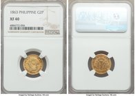 Isabel II gold 2 Pesos 1863 XF40 NGC, KM143. AGW 0.0951 oz. 

HID09801242017