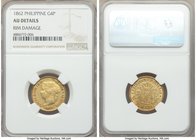 Isabel II gold 4 Pesos 1862 AU Details (Rim Damage) NGC, KM144. AGW 0.1903 oz. 

HID09801242017