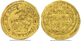 Zurich. Canton gold 1/4 Ducat 1677 AU55 NGC, KM98, Fr-468, HMZ-2-1144k. Exhibiting a notable die shift on both the obverse and reverse that neverthele...