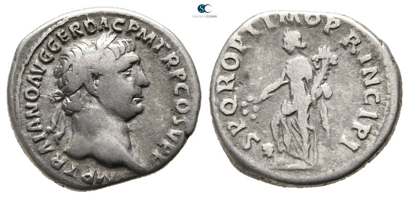 Trajan AD 98-117. Rome
Denarius AR

19 mm., 3,13 g.



very fine