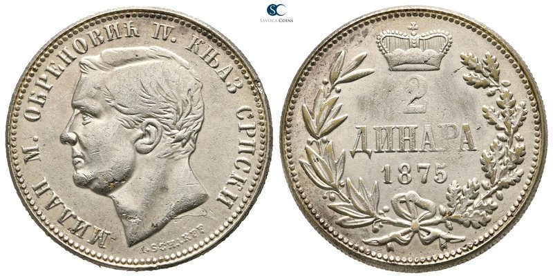 Serbia. Milan Obrenovich IV AD 1868-1889.
2 Dinara 1875

28 mm., 9,84 g.

...
