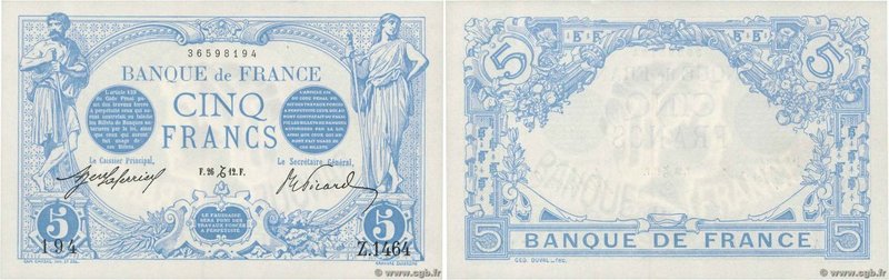Country : FRANCE 
Face Value : 5 Francs BLEU 
Date : 26 décembre 1912 
Period...