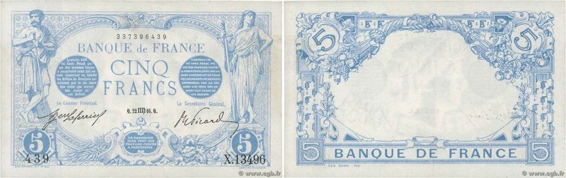 Country : FRANCE 
Face Value : 5 Francs BLEU 
Date : 22 août 1916 
Period/Pro...