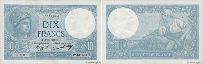 Country : FRANCE 
Face Value : 10 Francs MINERVE 
Date : 25 février 1937 
Per...