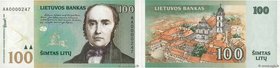 Country : LITHUANIA 
Face Value : 100 Litu Petit numéro 
Date : 2000 
Period/Province/Bank : Lietuvos Bankas 
Catalogue reference : P.62 
Alphabe...