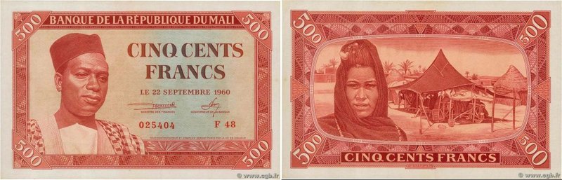 Country : MALI 
Face Value : 500 Francs 
Date : 22 septembre 1960 
Period/Pro...